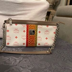 MCM White and Red Wristlet with Orange Accent